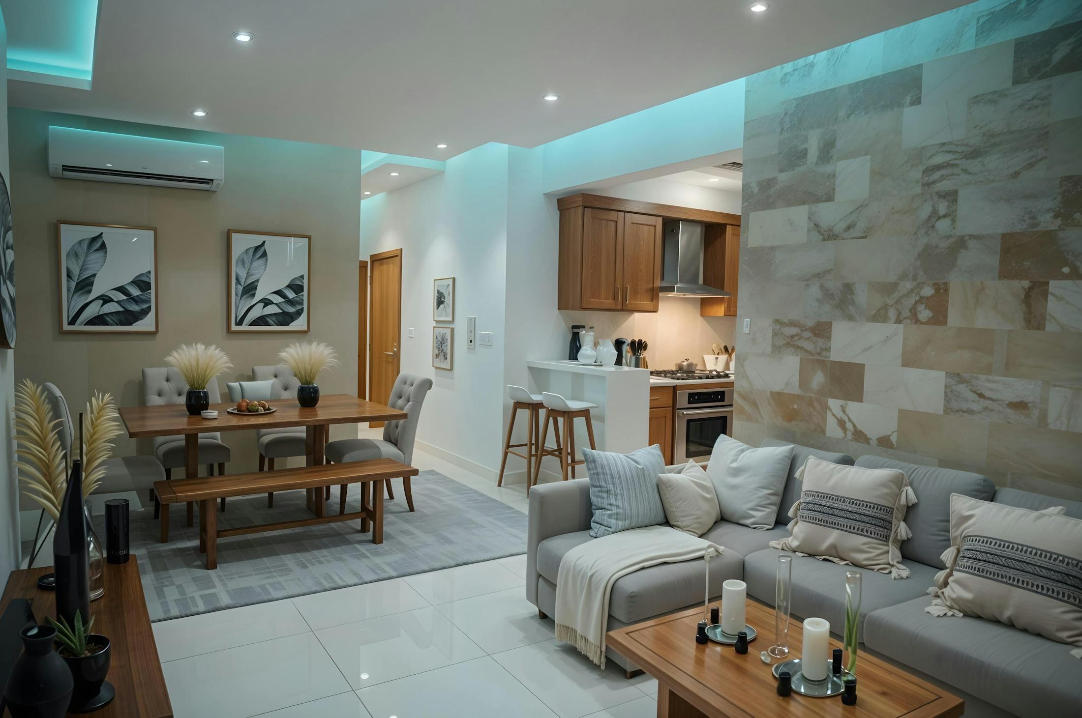 Open plan luxury living area with air conditioning