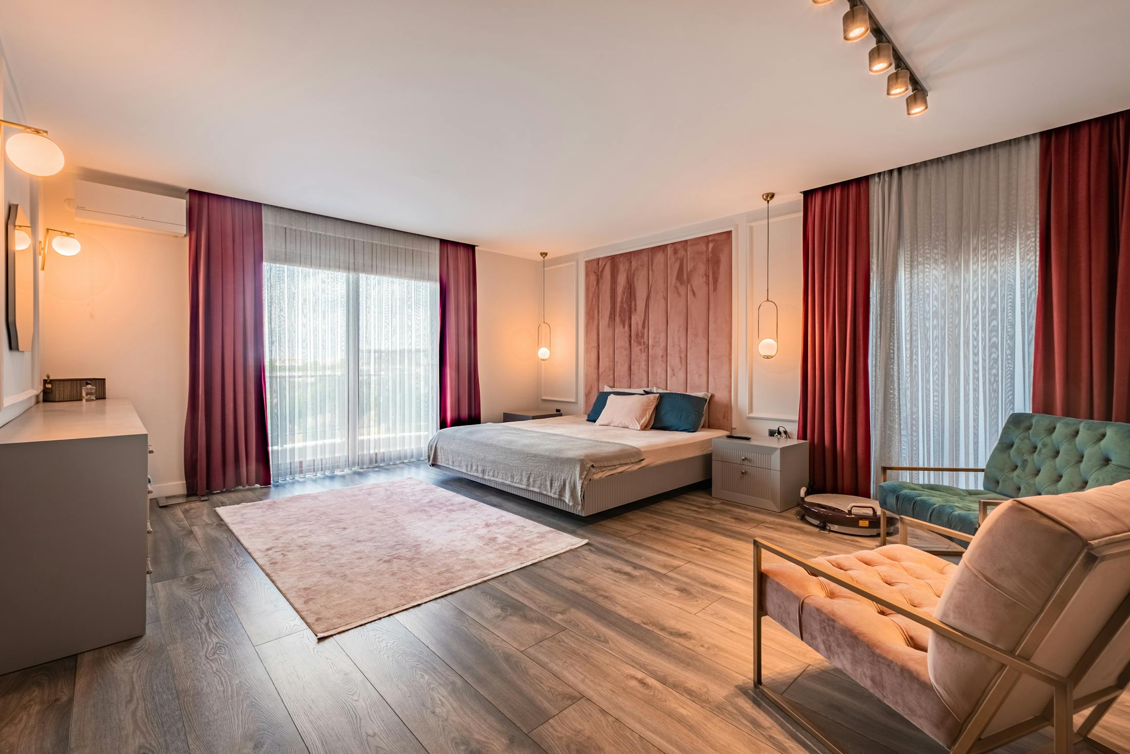Soft luxury bedroom with fitted wall air conditioning